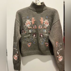 NWT Francesca’s, Jun & Ivy Gray embroidered mock neck/ turtle neck sweater